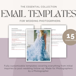 Op de afbeelding: Een verzameling van meer dan 15 e-mailtemplates voor trouwfotografen. De templates zijn volledig aanpasbaar en beslaan alles van de eerste aanvraag tot de follow-up na de bruiloft. De afbeelding toont een voorbeeldtemplate met een blauwe achtergrond en de tekst "Gids voor e-mailtemplates voor trouwfotografie".