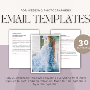May include: A digital product guide for wedding photographers with a blue and white floral design on the cover. The guide includes 30+ email templates for wedding photographers to use for communication with clients.