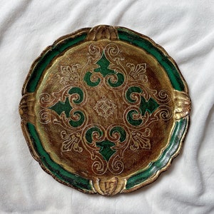 Large Green Gold Vintage Florentine Tray, Italian Serving Tray, Victorian Tray, Wedding Photography Styling Props, Decorative Tray