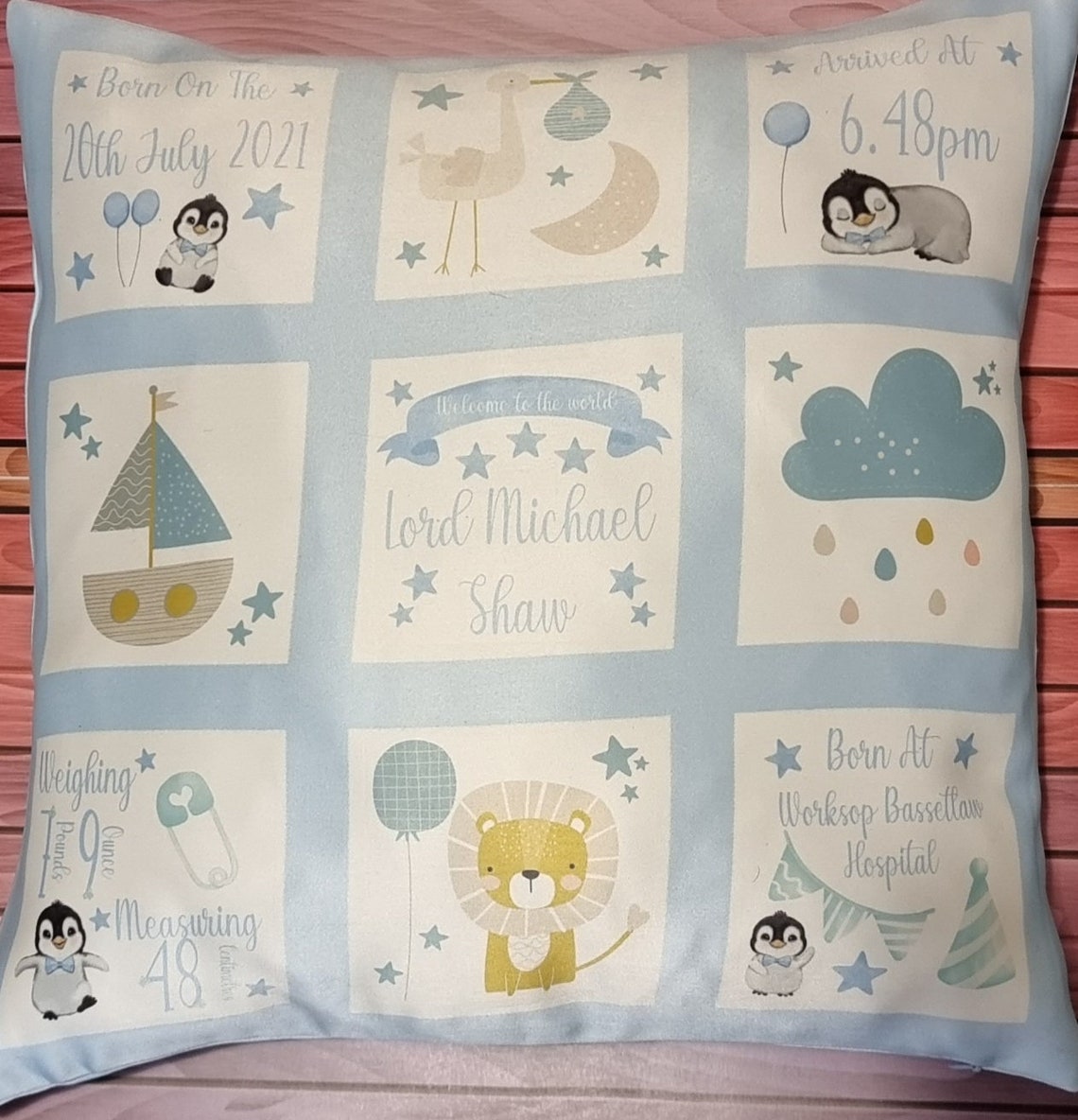 Personalised New Baby Boy Nursery Cushion 9 panel decorative Etsy