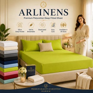 May include: A lime green fitted sheet on a bed with a stack of folded sheets in various colours including white, cream, grey, black, navy, blue, pink, red, and teal. The text reads ARLINENS Premium Polycotton Deep Fitted Sheet and Premium Quality Guaranteed.