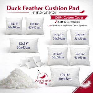 May include: A white duck feather cushion pad with a 100% cotton cover. The image displays various sizes including 40x40cm, 45x45cm, 50x50cm, 55x55cm, 60x60cm, 65x65cm, and 30x45cm. A pile of loose duck feather filling is shown at the bottom left.