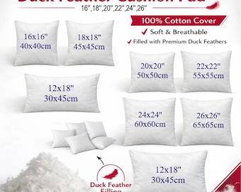 Duck Feather & Down Cushion Pads,Inserts,Inners,Scatter, Filler Deep Filled Plump Pillow 16,18,20,22,24,26