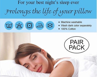 Pair of Pillow Protector 100% Cotton Zip Closure White Breathable Pillow Covers 74 x 48cm