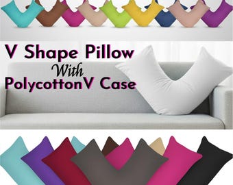 Hollowfibre V Pillow with Free Poly-Cotton V Pillowcase Orthopedic Back Neck Shoulder Maternity Support 74x34cm