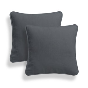 May include: Two dark gray square throw pillows with a subtle texture. The pillows are made of a soft, comfortable fabric and have a simple, modern design.