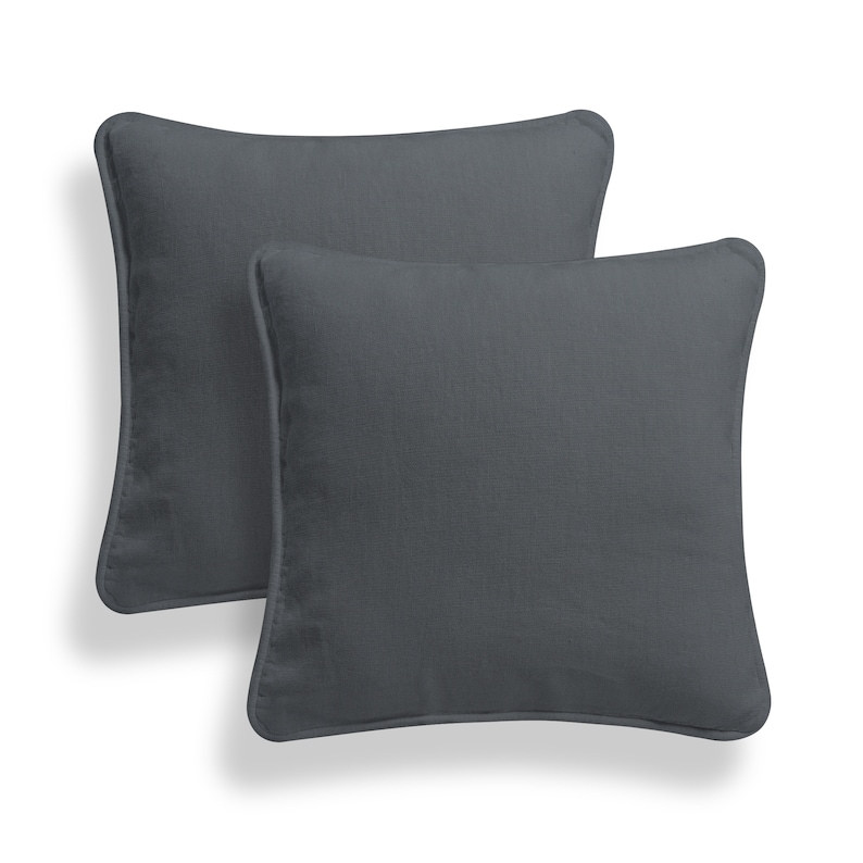 May include: Two dark gray square throw pillows with a subtle texture. The pillows are made of a soft, comfortable fabric and have a simple, modern design.