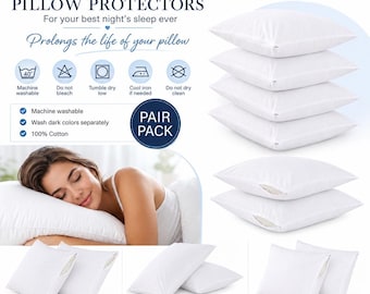 Pack of 2,4 Pillow Protectors 100% Cotton Anti-Bacterial Zipped Closure White Pillow cover 74cmx48cm