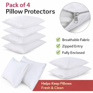 May include: A pack of 4 white pillow protectors featuring breathable fabric, a zipped entry, and a fully enclosed design. The image displays multiple stacks of white pillow protectors and a close-up view of a silver metal zipper closure.