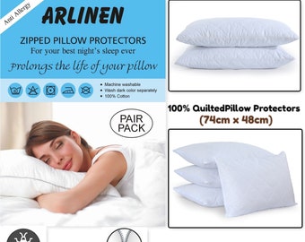 Pillow Protectors 100% Cotton OR Quilted Pillow Protectors Polycotton Zipped Entry Cover (74cmx48cm)