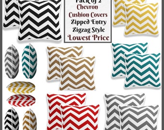 Pack of 2 Chevron Cushion Covers 100% Cotton Home Sofa Decor Zigzag Style Zipped Cover 18"x18"