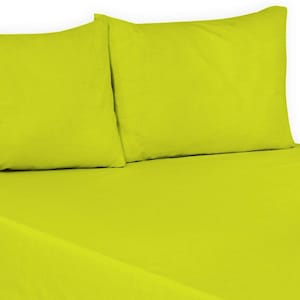 May include: A bright lime green bed sheet set with two matching pillowcases. The sheet set is made of a soft, comfortable fabric.