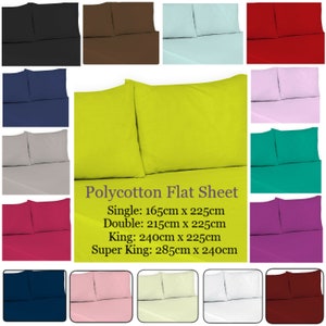 May include: A collage of 12 flat sheets in various colors, including black, brown, blue, gray, green, pink, purple, red, white, and yellow. The sheets are arranged in a grid pattern. The text "Polycotton Flat Sheet" is displayed in the center of the image, along with the dimensions for each size: Single (165cm x 225cm), Double (215cm x 225cm), King (240cm x 225cm), and Super King (285cm x 240cm).