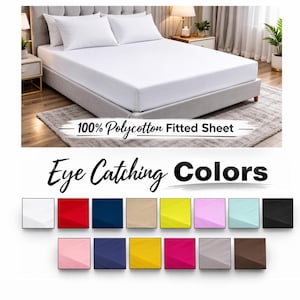May include: A white polycotton fitted sheet on a bed with two white pillows. Below, a grid displays the sheet in sixteen different solid colours including red, navy, beige, yellow, pink, light blue, black, purple, magenta, grey, and brown.