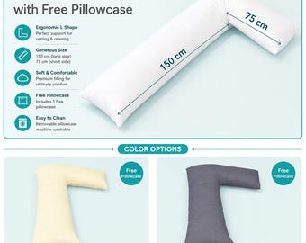 Orthopaedic L Shape Body Pillow | Full Body Support Pillow with Free Polycotton Pillowcase | Filled Pregnancy Side Sleeper Cushion