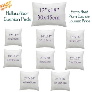 May include: Assortment of white cushion pads in various sizes, ranging from 12 inches by 12 inches to 26 inches by 26 inches. The cushion pads are made of hollowfibre and are available in a variety of sizes to fit different needs.