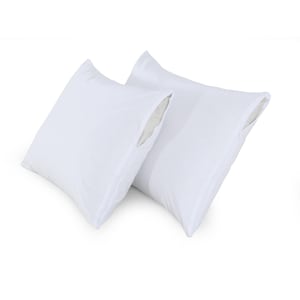 May include: Two white pillow protectors with zipper closures. The protectors are made of a soft, breathable fabric.