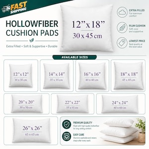100% Hollowfibre Cushion Pad Fillers Inners Inserts Square Cushions Extra Bounce Non Allergenic Available in 14"16"18"20"22"24"26"