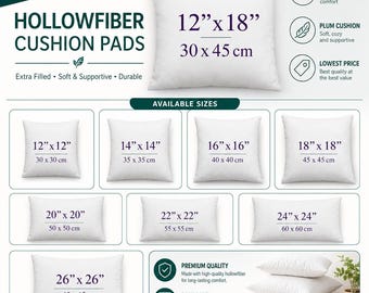100% Hollowfibre Cushion Pad Fillers Inners Inserts Square Cushions Extra Bounce Non Allergenic Available in 14"16"18"20"22"24"26"