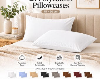 Polycotton Pair of Pillowcase Plain Dyed Housewife Bed Pillow Cover Multi Colors 75x50cm
