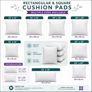 May include: A selection of white cushion pads in square and rectangular shapes, with sizes such as 30 x 30 cm, 40 x 40 cm, and 45 x 45 cm. The image also highlights that the pads are machine washable.