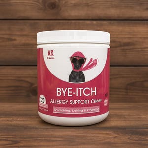 May include: A white plastic container with a red label featuring a cartoon dog wearing sunglasses and a scarf. The label reads "BYE-ITCH" and "ALLERGY SUPPORT Chews". The container is for scratching, licking, and chewing.