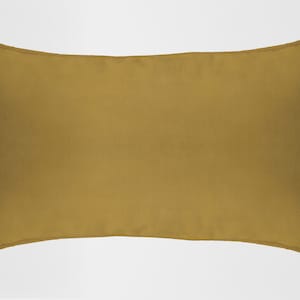 May include: A mustard yellow rectangular cushion with a smooth fabric surface.