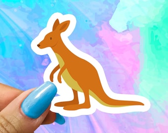 May include: A cartoon kangaroo sticker with a brown body and a white outline. The kangaroo is standing on its hind legs with its tail curled behind it. The sticker is on a colorful background.