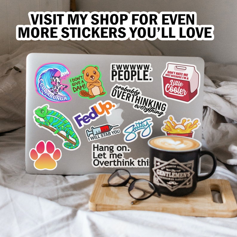 May include: A laptop computer covered in colorful stickers. The stickers feature various designs, including a cartoon beaver, a chameleon, a syringe, a paw print, a wave, and a cooler. The text on the stickers includes "Ewwww People", "Fed Up", "I Will Stab You", "Hang On", "Let Me Overthink This", "Cowabunga", "I Don't Give A Dah", "Don't Hate Me Just Because I'm A Little Cooler", and "Probably Overthinking Everything".