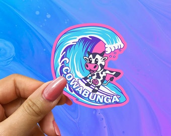 Cowabunga Cow Surfing Sticker: Glossy Water Bottle Decal