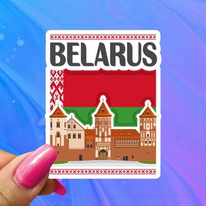 May include: A sticker featuring the flag of Belarus with a red and green background and a white pattern. The sticker also features a white outline of a castle with red and brown details. The text "BELARUS" is written in black letters on the sticker.