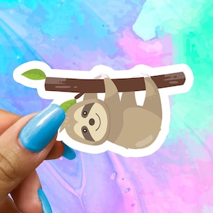 May include: A cartoon illustration of a brown sloth hanging upside down from a branch with green leaves. The sloth has a happy expression on its face.