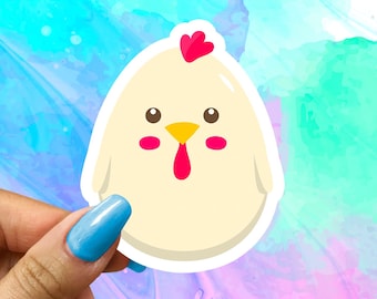 May include: A white chick with pink cheeks and a red comb. The chick is cartoon-style and has a white outline.