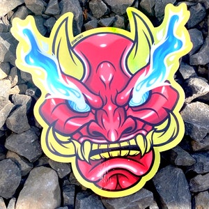 Oni Mask Sticker: Gold Holographic Anime Decal (4x4&quot;)