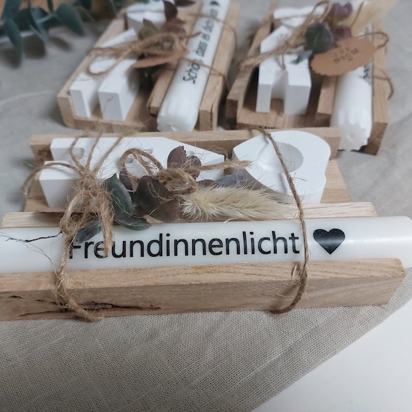 Freundin Geschenkset - Stabkerze bedruckt mit Kerzenhalter und Häuschen