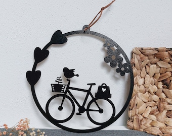 Holzkranz Fahrrad | Dekoring Frühling | Holzring | Türkranz schwarz | Geschenkidee