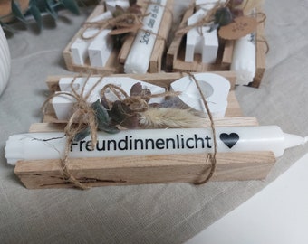 Freundin Geschenkset - Stabkerze bedruckt mit Kerzenhalter und Häuschen