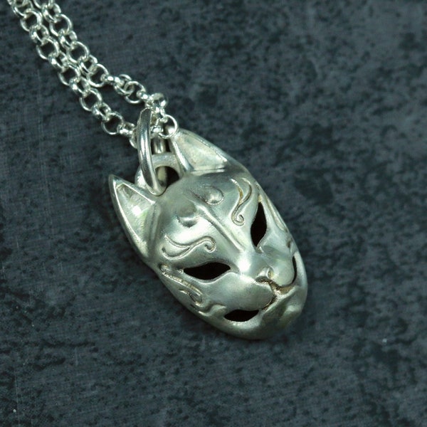 Japanese Fox Mask 925 Silver Pendant Necklace, Ball Mask Silver Jewelry Necklace, Kawaii Jewels Fox Spirit Animal Totem minimal