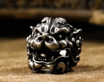 Brave Jewelry,Tang Lion Ring,Chinese Dragon Ring,Buddhist Holy Beast Ring,Silver Foo Dog Ring,Foo Lion Ring,brass custom jewelry
