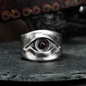 Eye of Truth Ring - Ruby Pupil Silver Band Gothic Jewelry