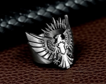 Sun Eagle Emblem 925 Silver Ring - Soldier Crest Handmade Jewelry - Military Symbol Statement Ring