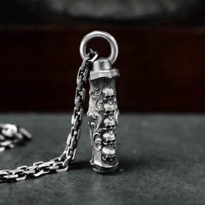 Skull Totem Urn Pendant - Carved Gothic Silver Locket