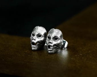 Pendientes de plata 925 con máscara de fantasma femenino Hannya terrorífica - Pendientes de mujer demonio