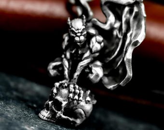 Gargoyle Skull Pendant - Gothic Silver Charm Jewelry
