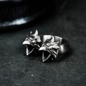 Double Raven Head S925 Silver Ring - Adjustable Open Bird Design Ring - Gothic Animal Totem Statement Ring for Men and Women
