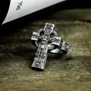 Gothic cross 925 silver ring-dark baroque pagan silver ring-unique men&#39;s handmade custom cross ring