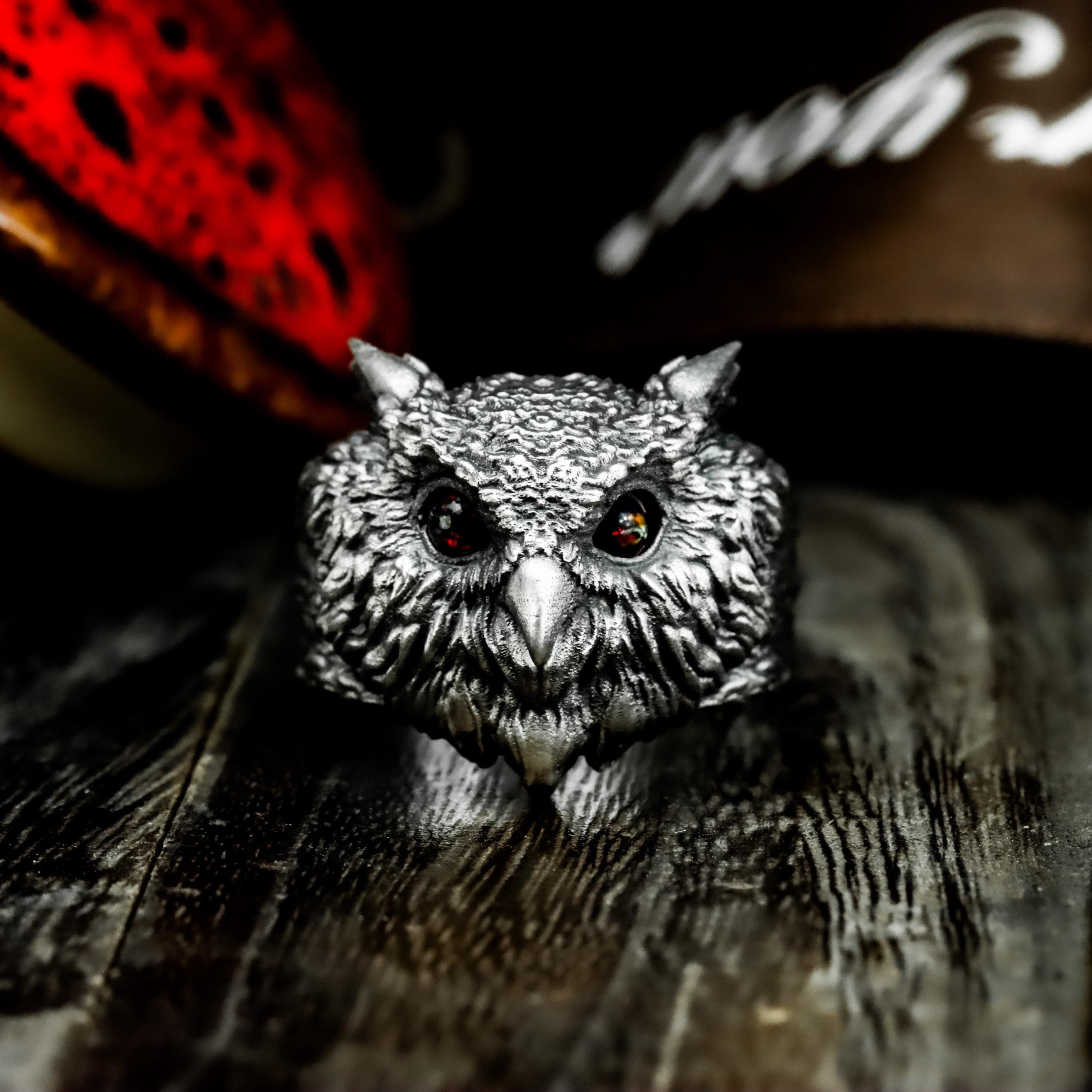 Gemstone Owl Eyes 925 Silver Ring: Gothic Viking Celtic Jewelry