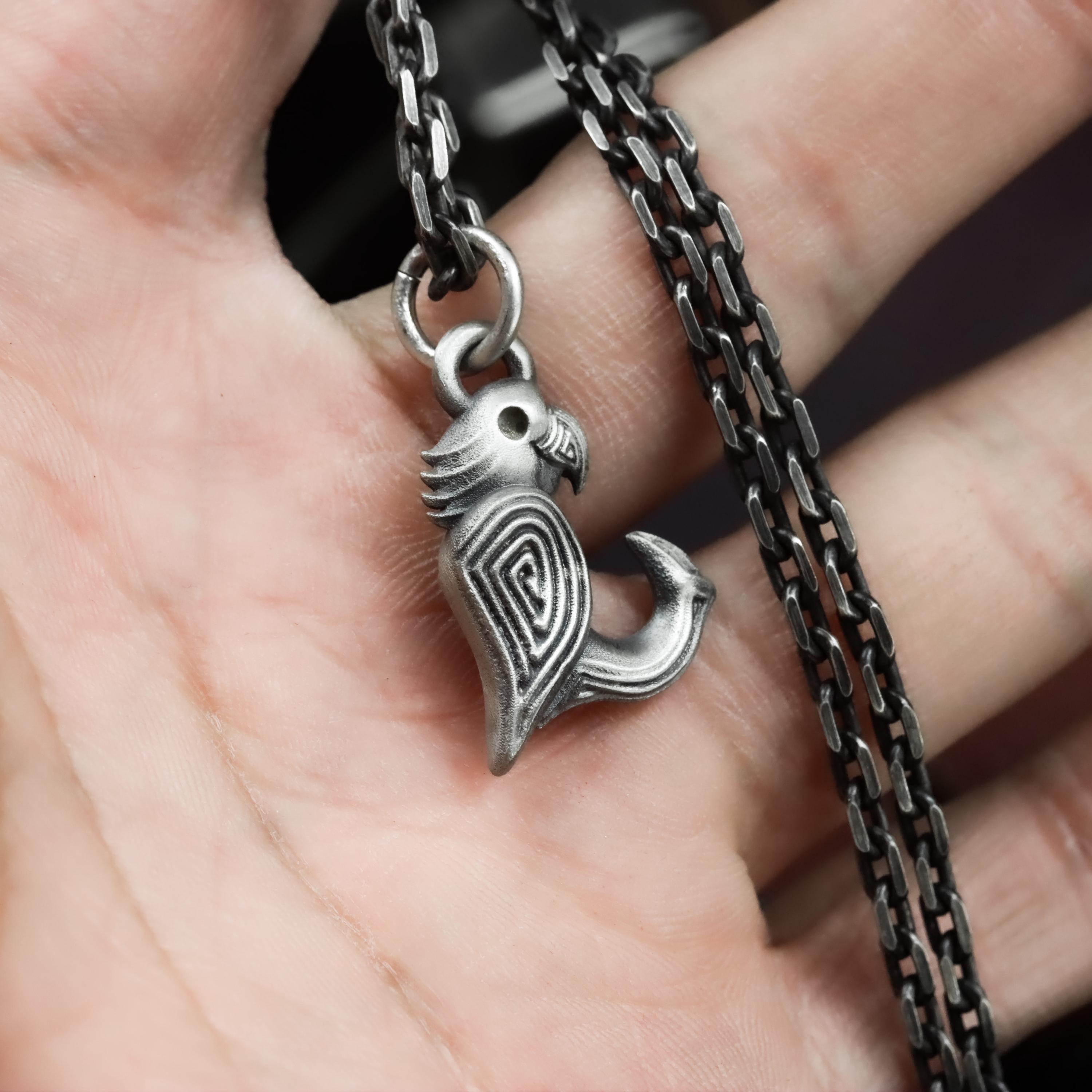 Collier Argent Avec Pendentif Perroquet Sculpté à La Main - 22" (56 Cm) - Pierres Agate Et Jaspe - Neuf Avec étiquettes