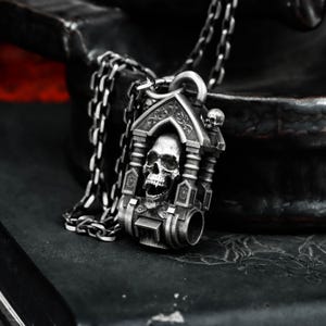 Memorial Skull Shrine 925 Silver Pendant Necklace - Hell&#39;s Gate Skull Pillar Totem Silver Pendant - Satanic Ghost Gothic Handcrafted Pendant