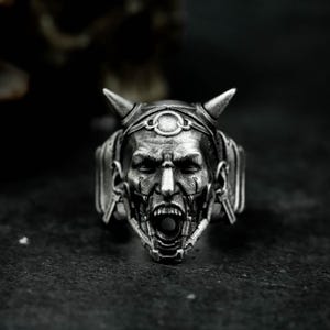 Death Howl Demon Skull 925 Silver Ring - Gothic Horror Inspired Dark Skull Ring for Men - Screaming Evil Totem Handmade Statement Jewelry